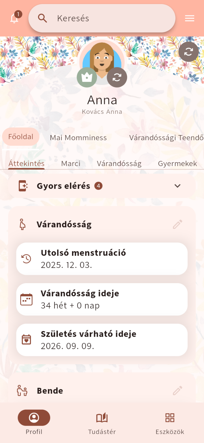 A Momminess mobilnézete gyors eléréssel és várandóssági adatokkal⁠.