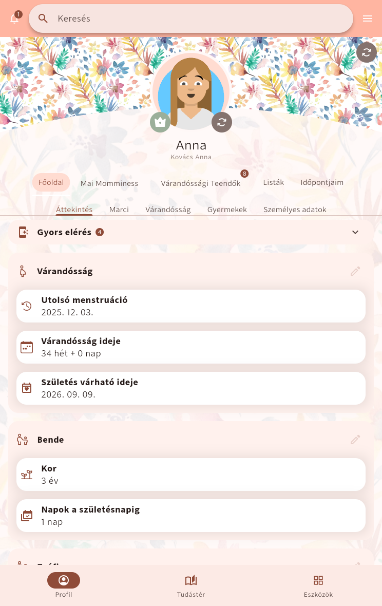 A Momminess táblagépes nézete várandóssági és gyermekadatokkal, érintőképernyőre rendezve⁠.