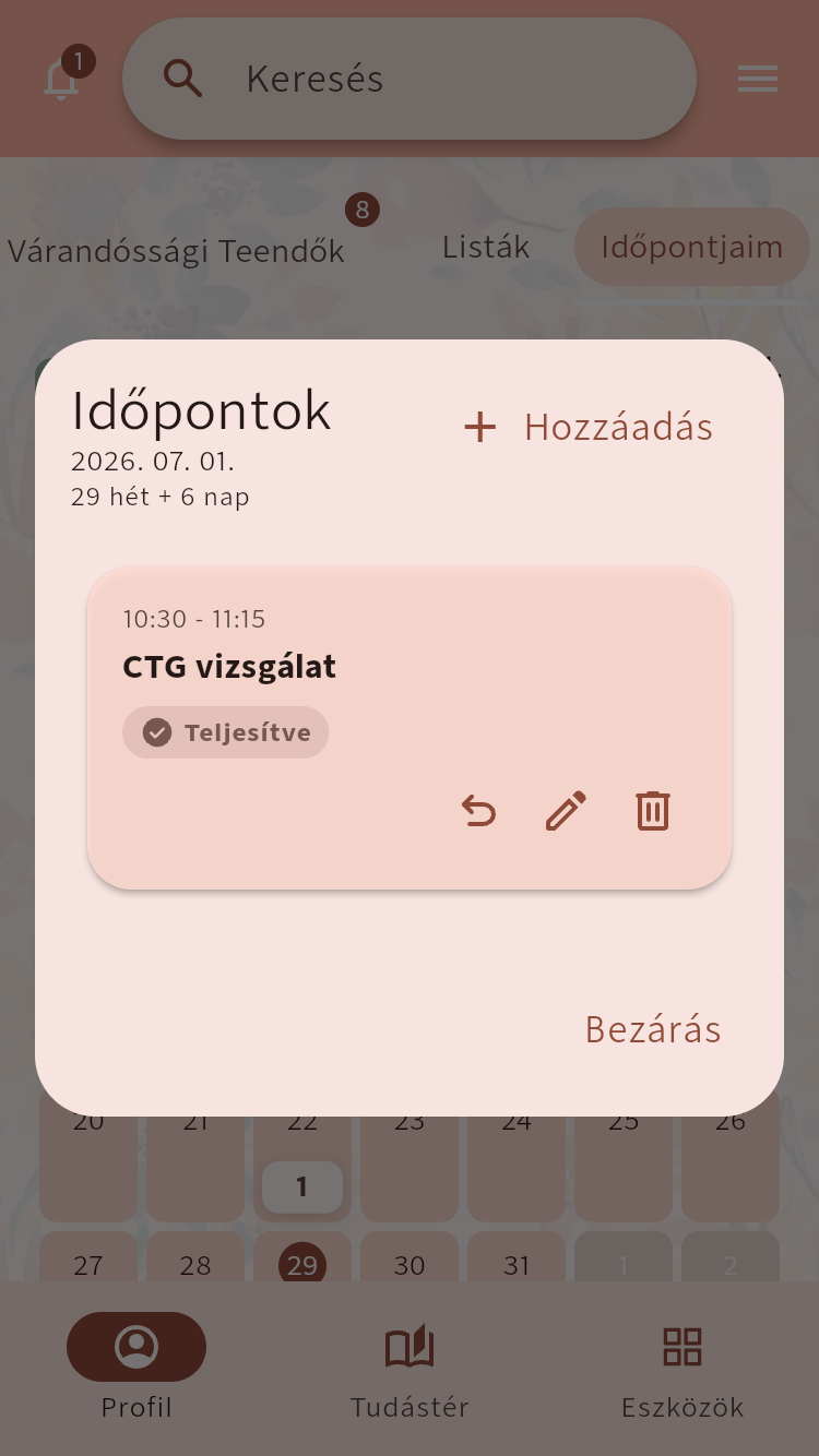 Egy teljesített CTG-vizsgálat részletei szerkesztési lehetőségekkel⁠.