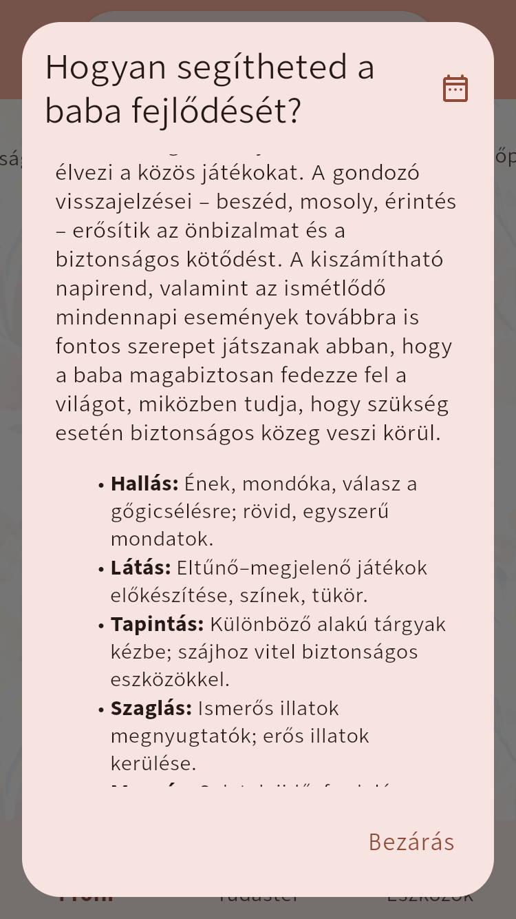 A baba fejlődésének támogatásáról szóló részletes ablak hallással, látással, tapintással és szaglással kapcsolatos ötletekkel⁠.