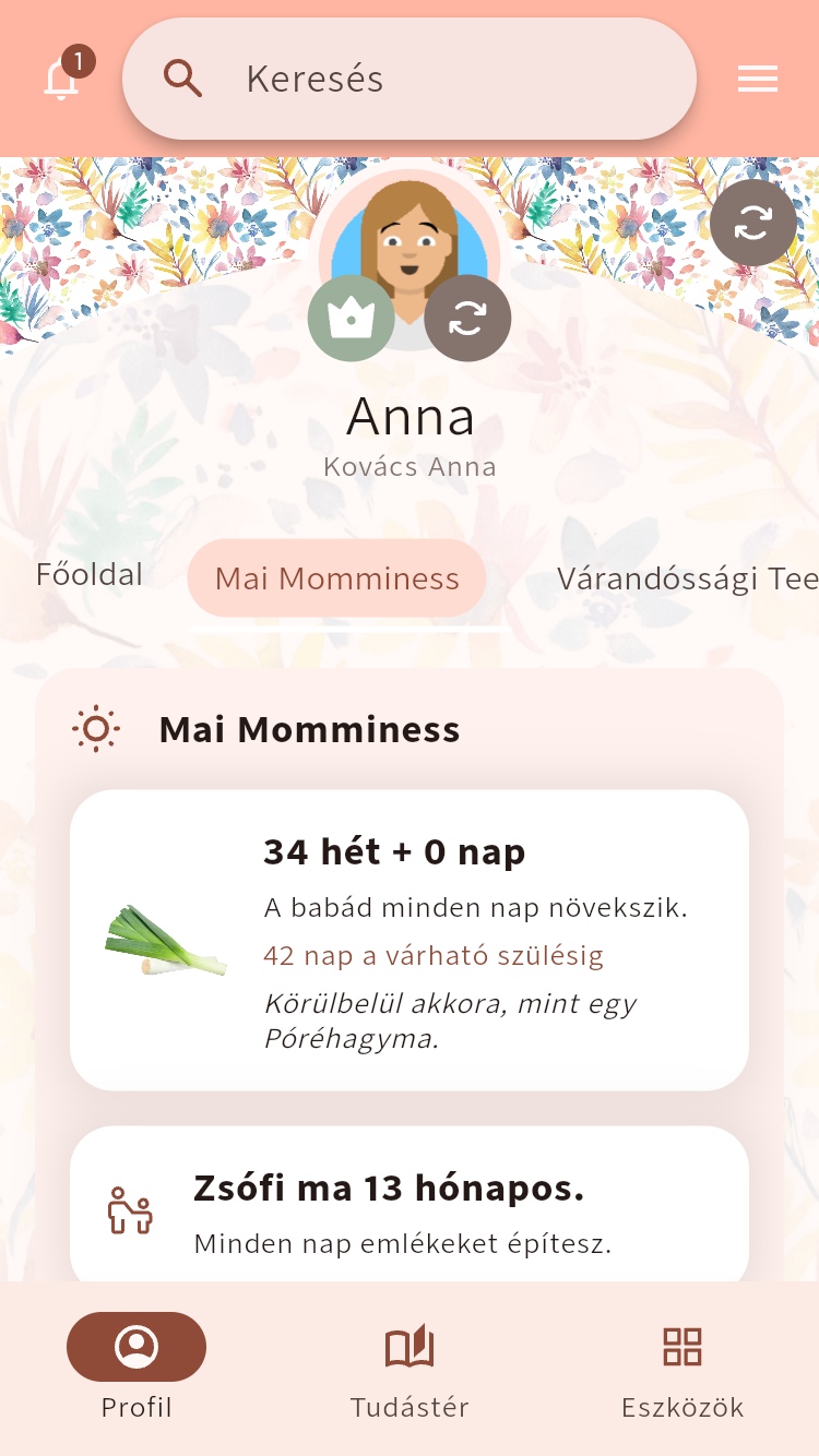 A Mai Momminess képernyője a várandósság aktuális állapotával, egy gyermek életkorával és személyre szabott napi kártyákkal⁠.