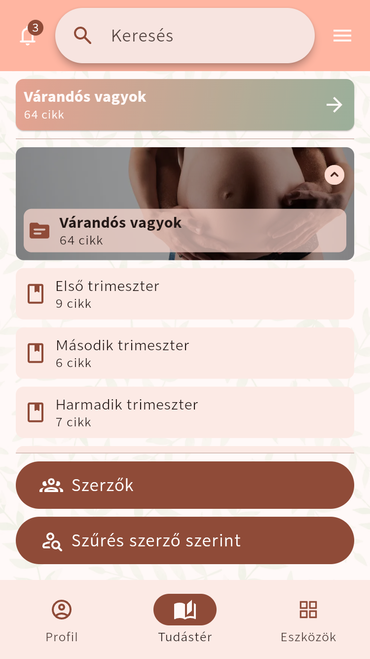 A Tudástér kategória-böngészője trimeszterek szerint csoportosított várandóssági cikkekkel, szerzőböngészési és szűrési lehetőséggel⁠.