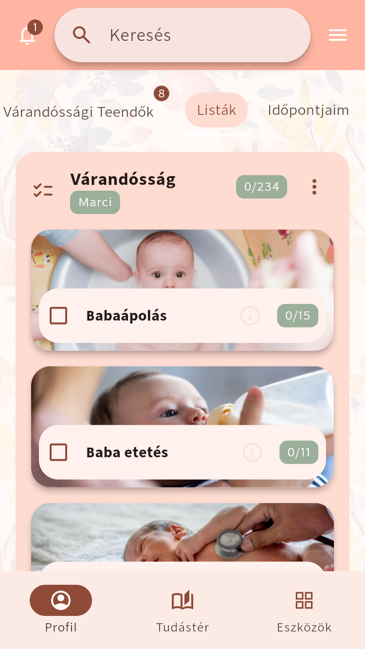 Várandóssági ellenőrzőlisták babagondozási, etetési és egészségügyi csoportokkal, valamint a haladás áttekintésével⁠.