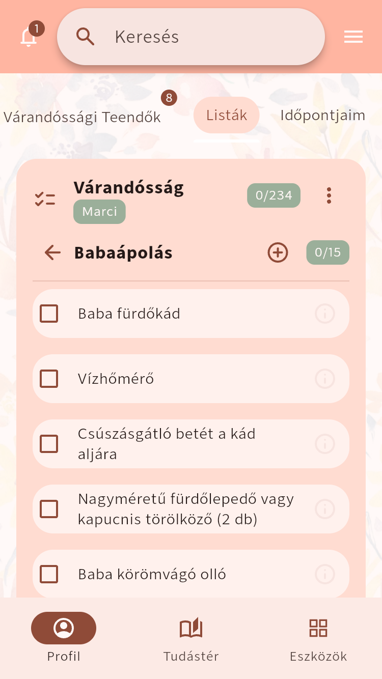 Babagondozási ellenőrzőlista egyenként kipipálható előkészületi tételekkel⁠.