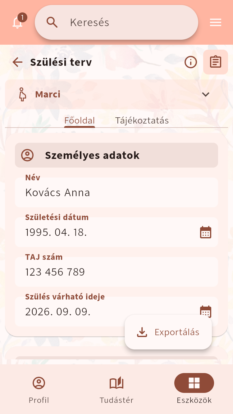 Szülési terv személyes adatokkal és exportálási lehetőséggel⁠.