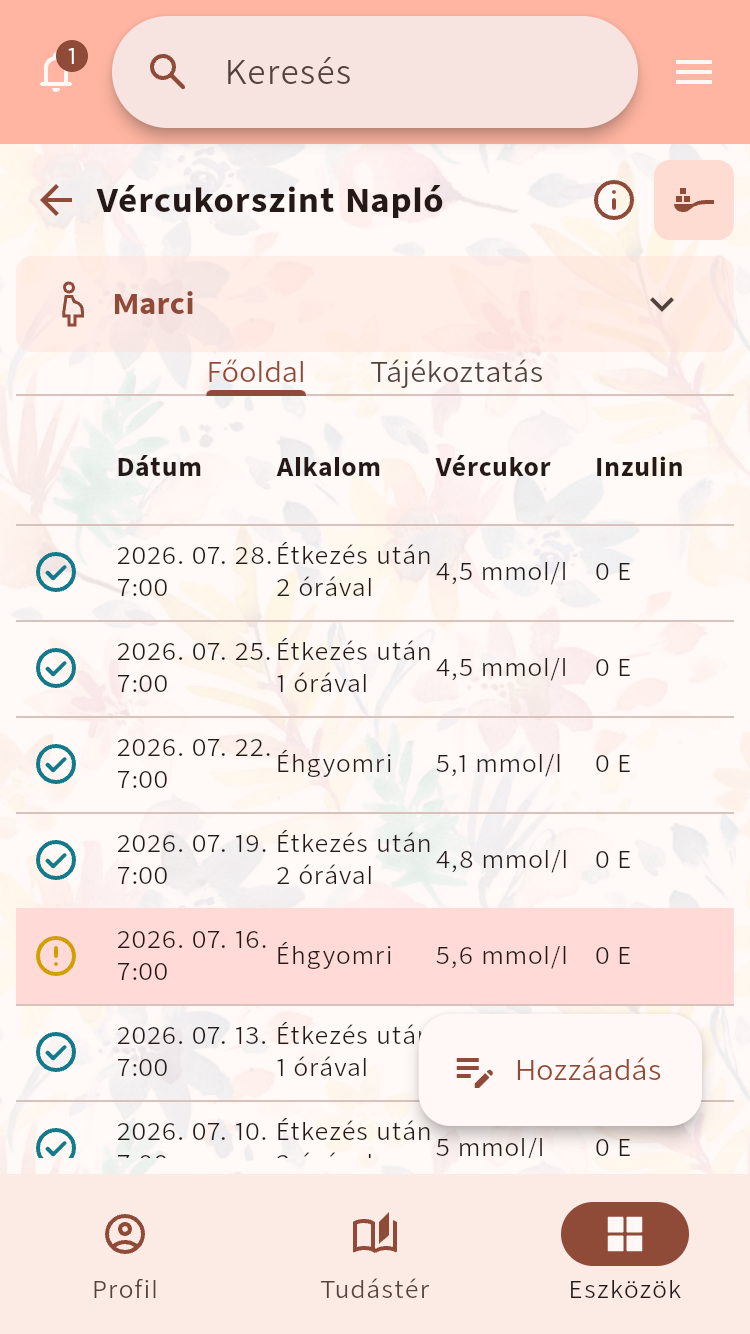Vércukorszint Napló dátumozott értékekkel, mérési időkkel és inzulinadatokkal⁠.