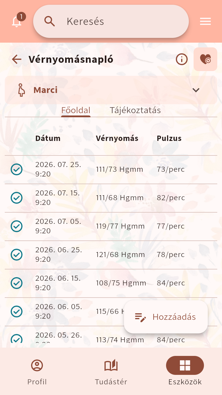 Vérnyomásnapló dátumozott vérnyomás- és pulzusértékekkel⁠.