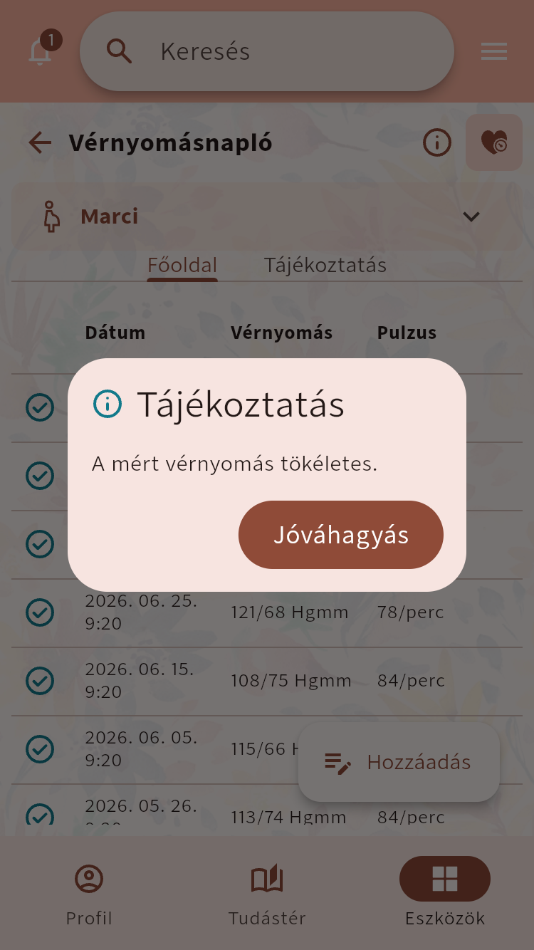 Vérnyomásnapló információs ablakkal egy kiválasztott méréshez⁠.