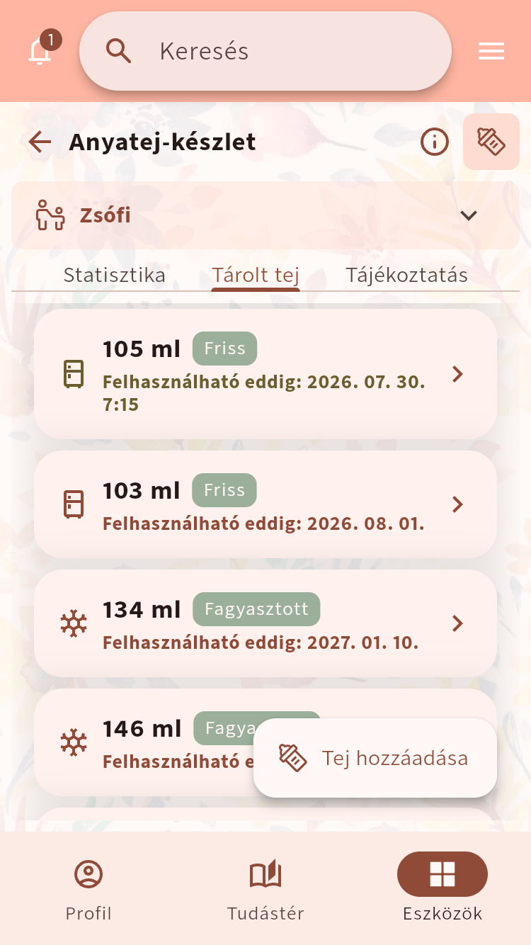 Anyatej-készlet fagyasztott adagokkal, mennyiségekkel és felhasználhatósági dátumokkal⁠.