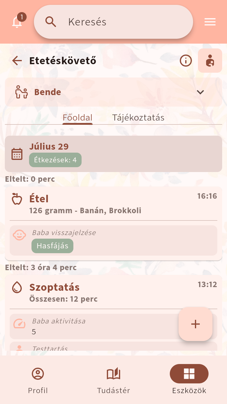 Etetéskövető napi nézete hozzátáplálási és szoptatási bejegyzésekkel⁠.
