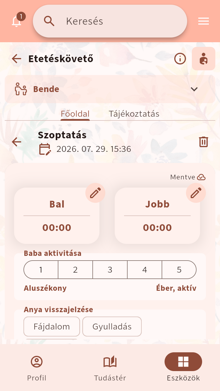 Etetéskövető űrlap egy szoptatási alkalom és választható megfigyelések rögzítéséhez⁠.