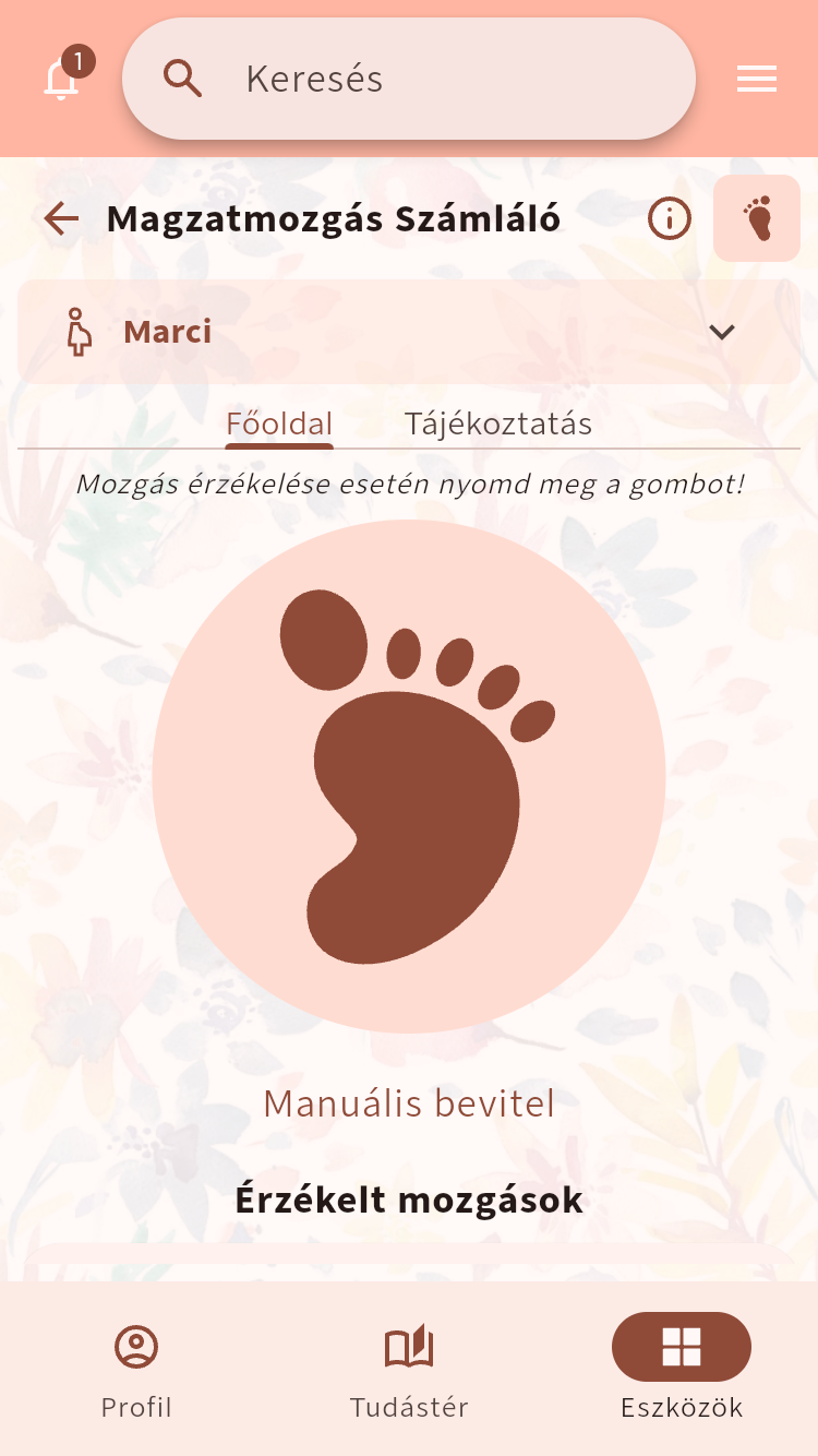 Magzatmozgás Számláló nagy gombbal egy mozgás rögzítéséhez⁠.