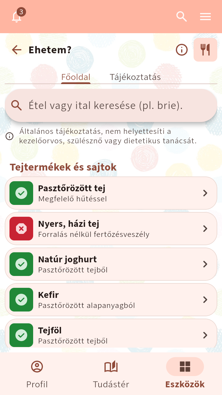 Az Ehetem? kereshető étellistája várandóssági biztonsági jelölésekkel és elkészítési tudnivalókkal.