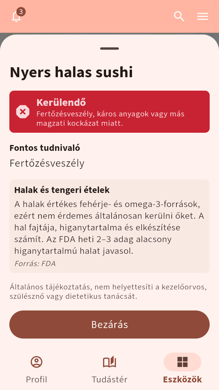 Az Ehetem? részletes nézete nyers halas sushival, kerülendő jelöléssel, indoklással és forrásháttérrel.