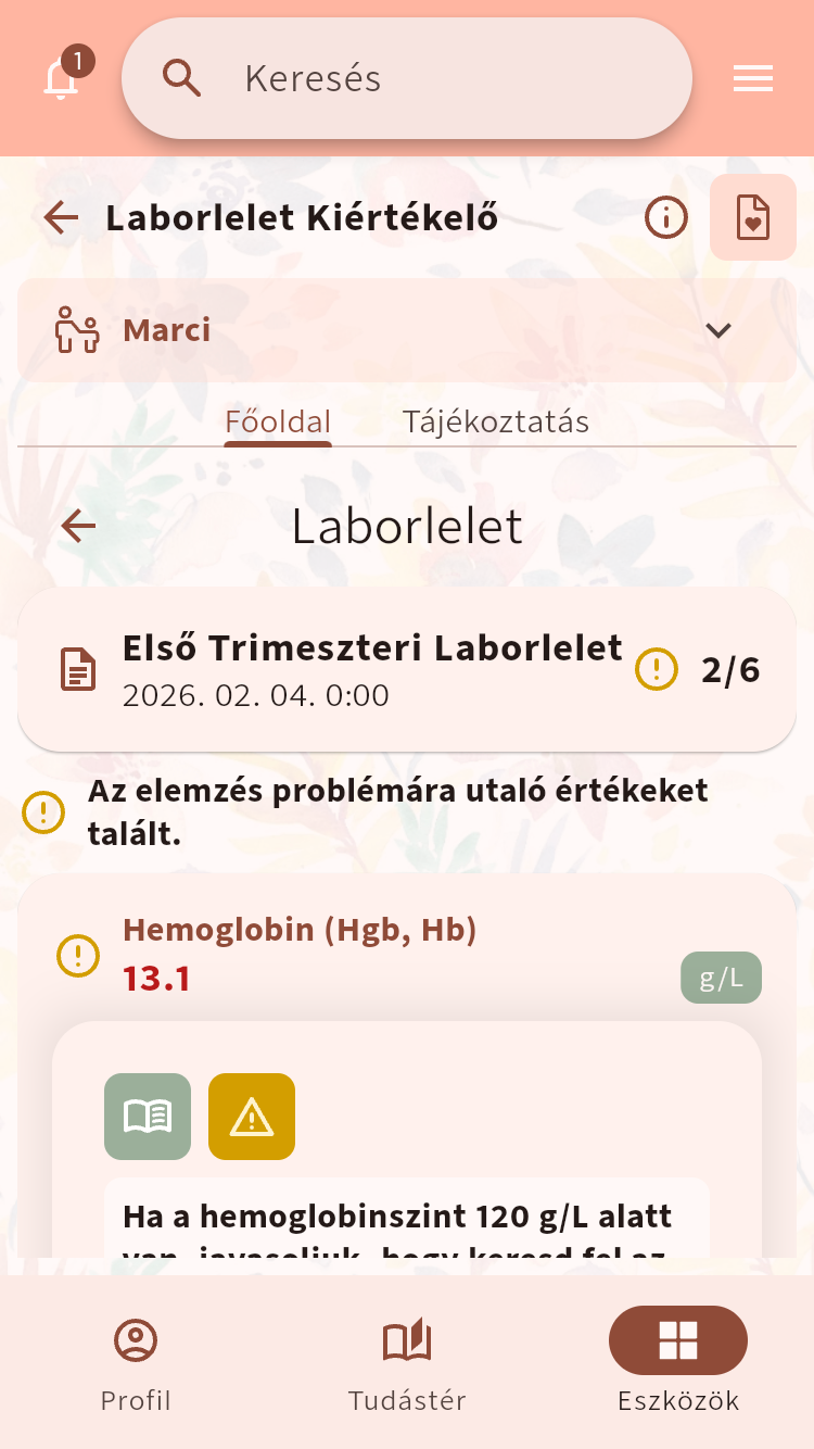 Laborlelet Kiértékelő figyelmet igénylő várandóssági laborértékekkel és kiegészítő tájékoztatással⁠.