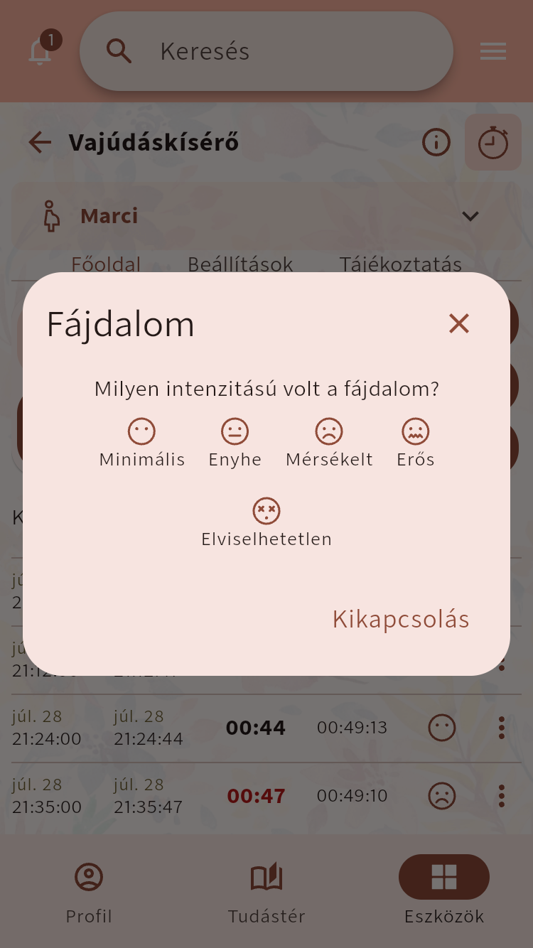Vajúdáskísérő erősségválasztója a fájáshoz tartozó személyes érzet rögzítéséhez⁠.