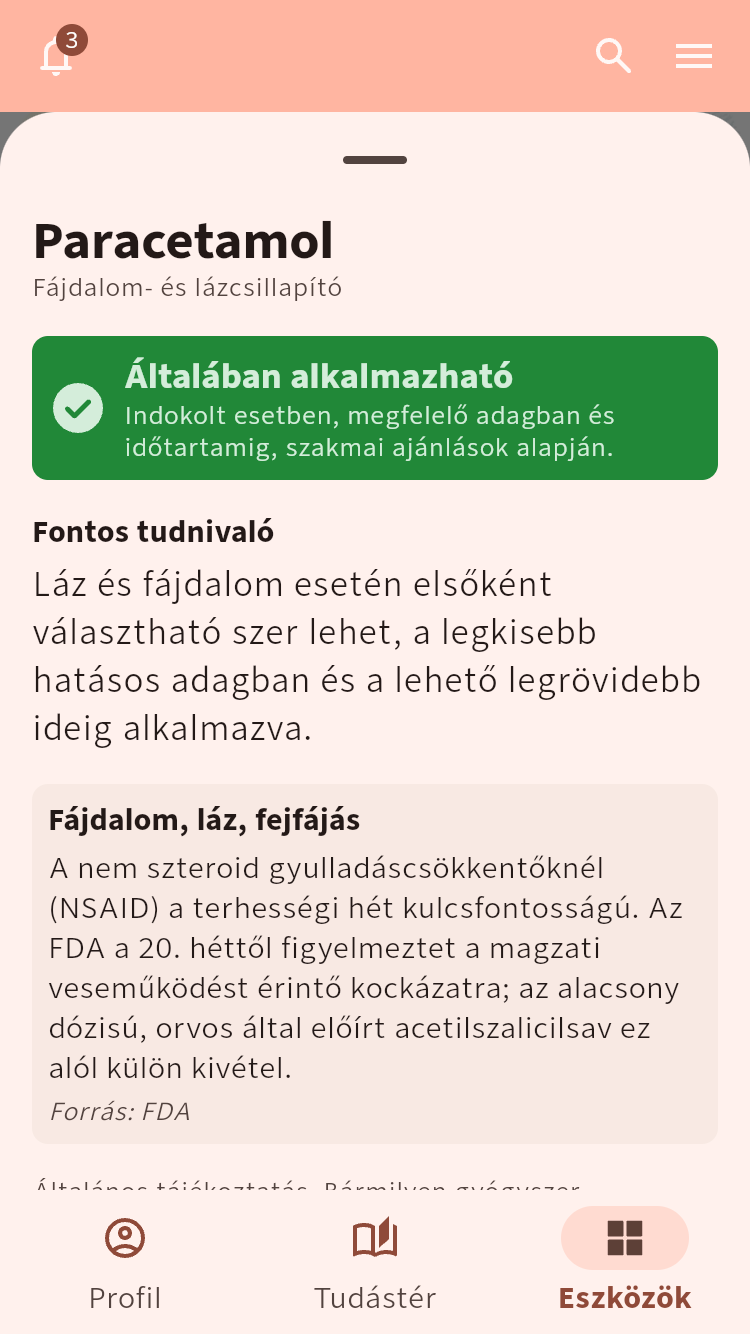 A Szedhetem? paracetamol-részletezője általános alkalmazási kategóriával, feltételekkel és forrásháttérrel.