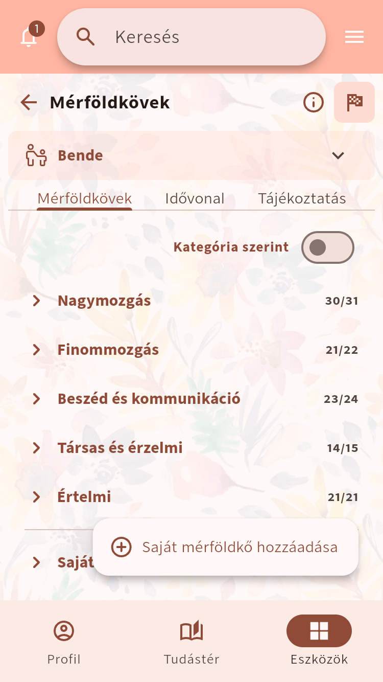 Mérföldkövek fejlődési kategóriákkal és saját mérföldkő hozzáadásának lehetőségével⁠.
