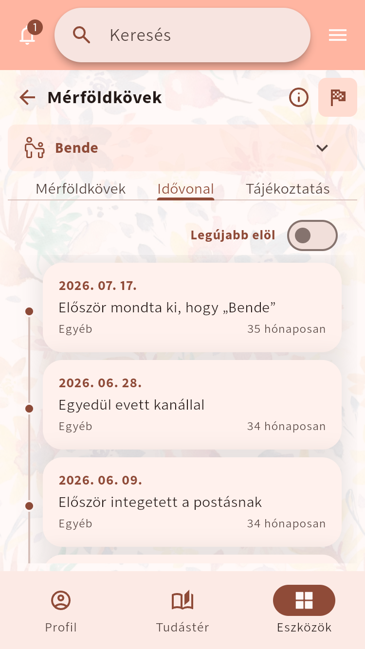 Mérföldkövek idővonala dátumozott mérföldkövekkel és a gyermek életkorával⁠.