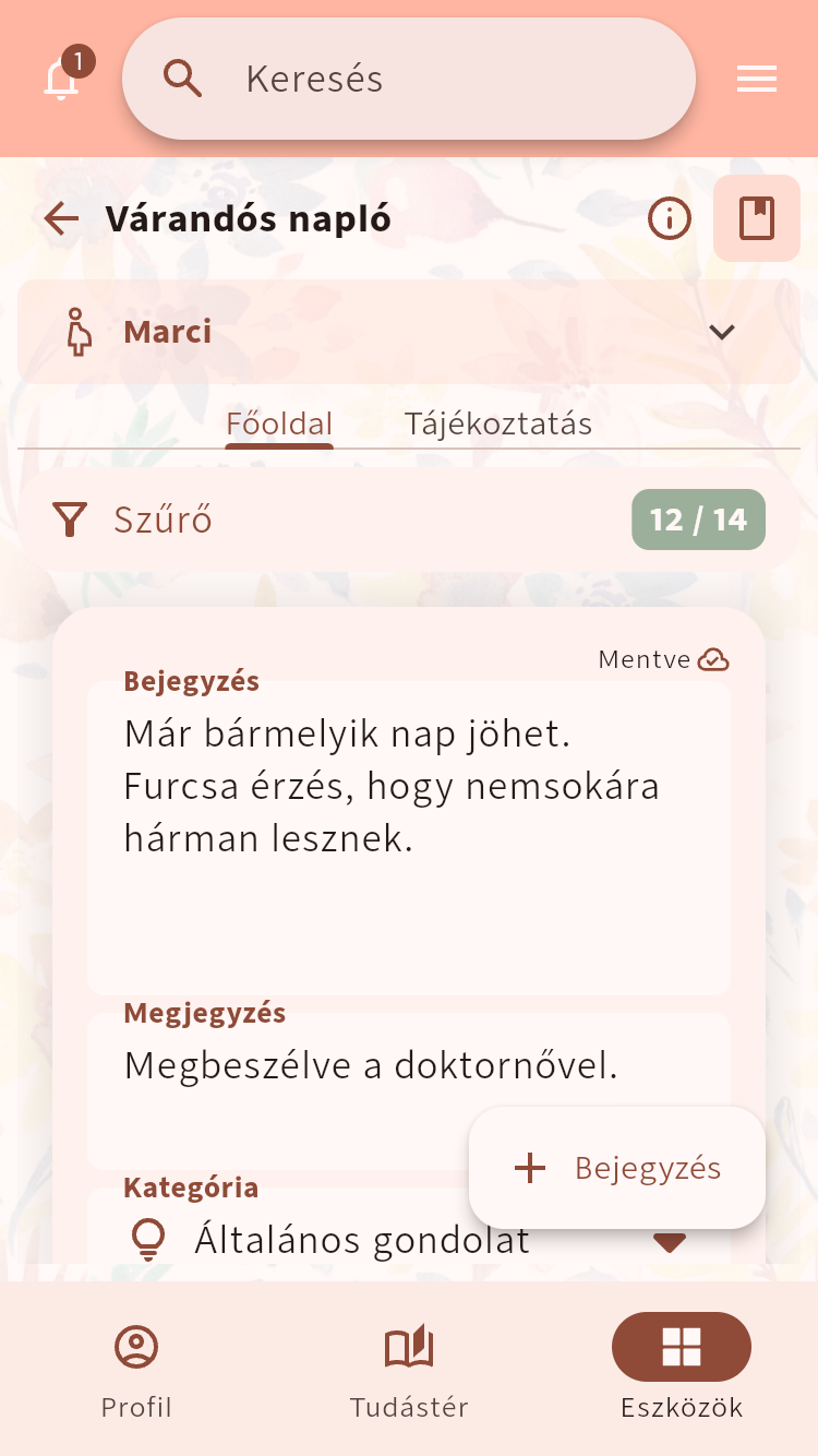 Várandós napló mentett bejegyzéssel, megjegyzéssel és kategóriával⁠.