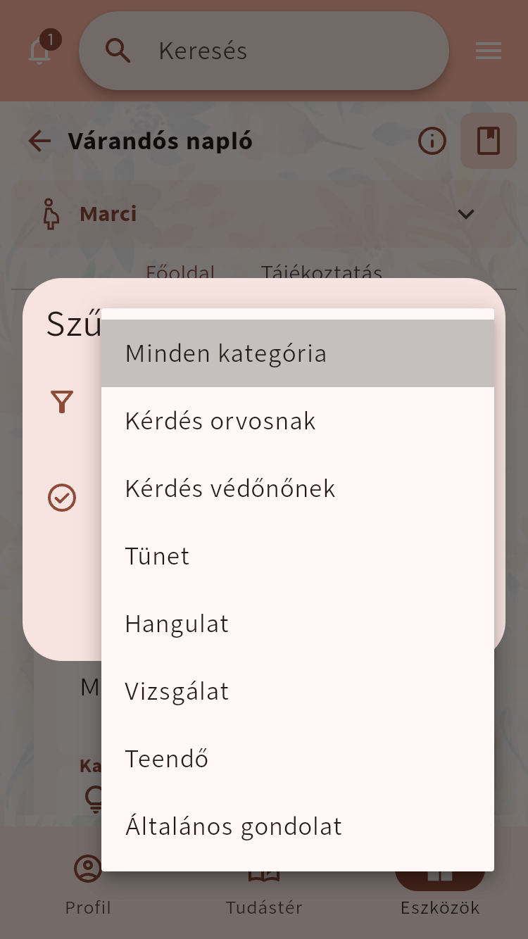 A Várandós napló kategóriaszűrője orvosnak és védőnőnek szánt kérdésekkel, tünetekkel, hangulatokkal, vizsgálatokkal és feladatokkal⁠.