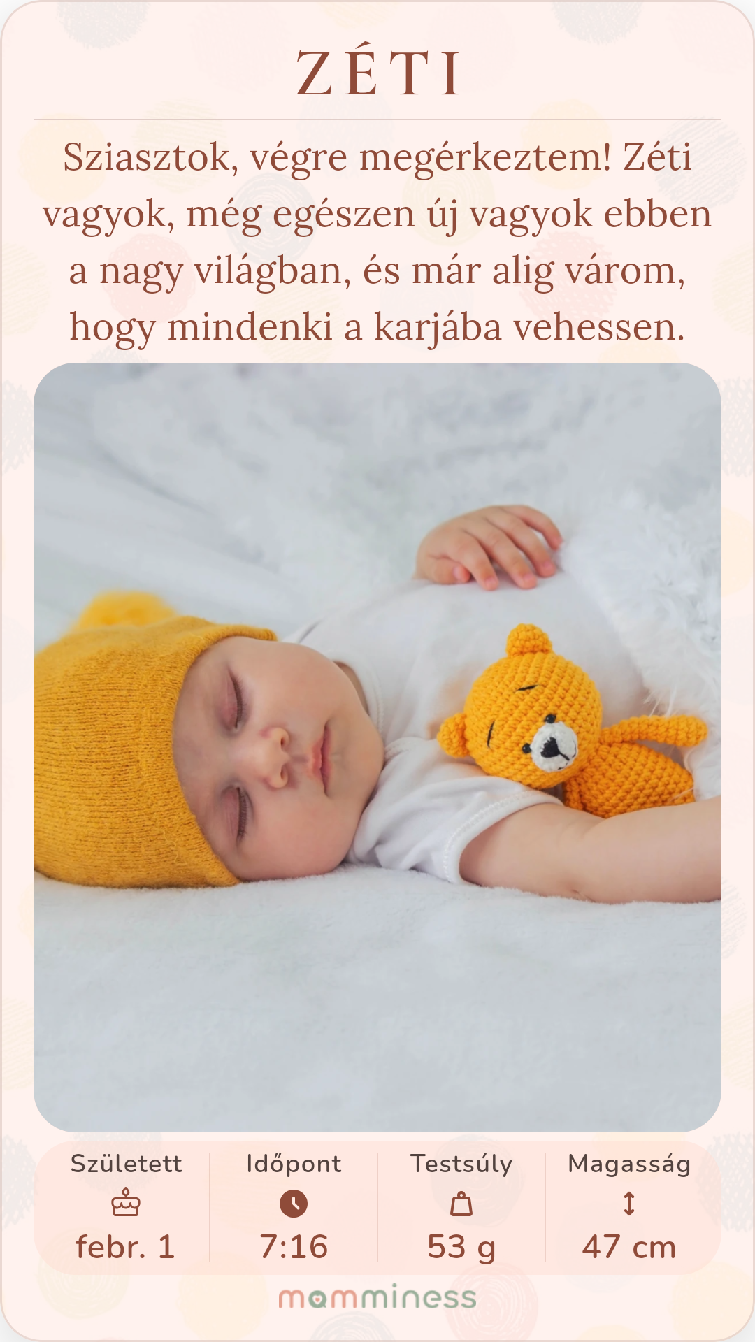 Elkészült születési bejelentő kártya Zéti fotójával és születési adataival⁠.