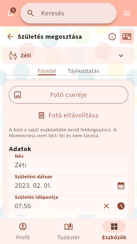 A Születés megosztása szerkesztőnézete fotóvezérlőkkel és szerkeszthető születési adatokkal⁠.