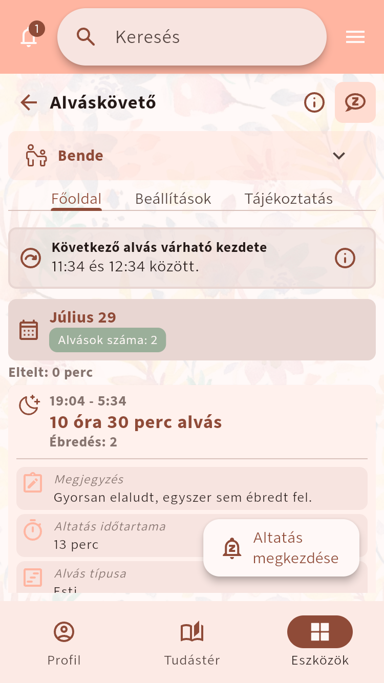Alváskövető napi nézete egy alvási időszakkal, ébredésekkel és megjegyzéssel⁠.