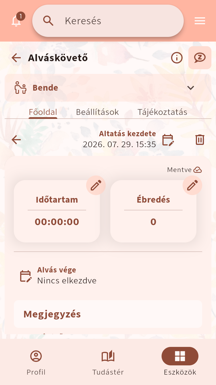Alváskövető űrlap az időtartam, az ébredések, az alvás vége és egy megjegyzés rögzítéséhez⁠.