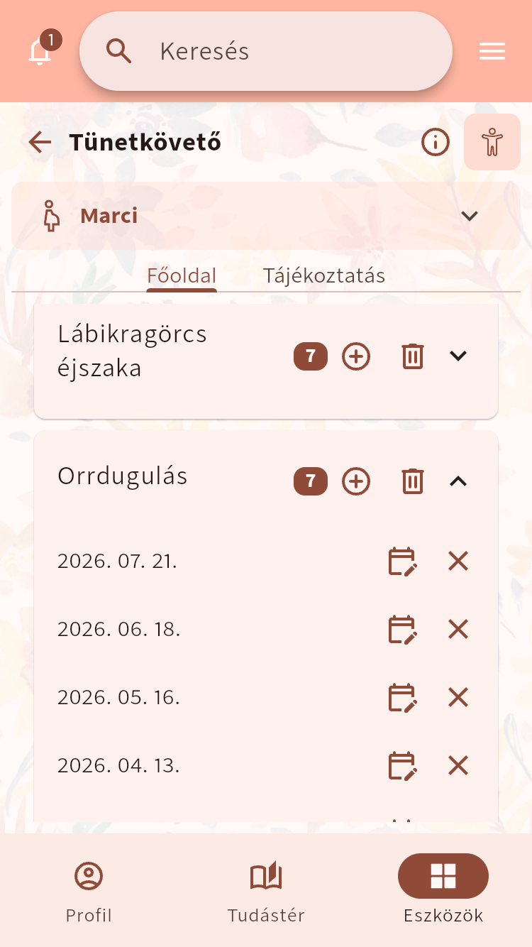 Tünetkövető rögzített tünetekkel, előfordulási számmal és dátumokkal⁠.