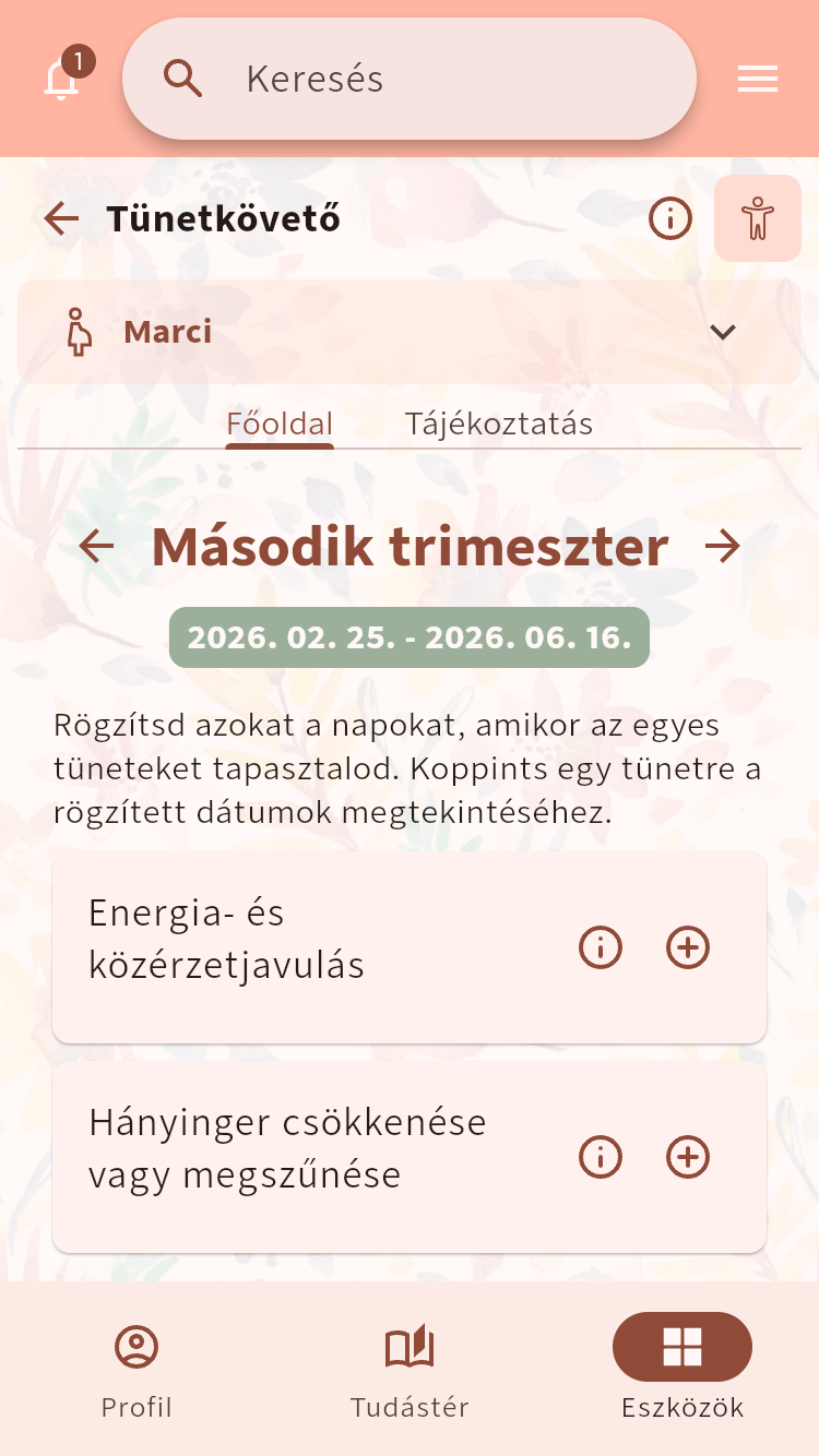 Tünetkövető a második trimeszterhez ajánlott tünetek listájával⁠.