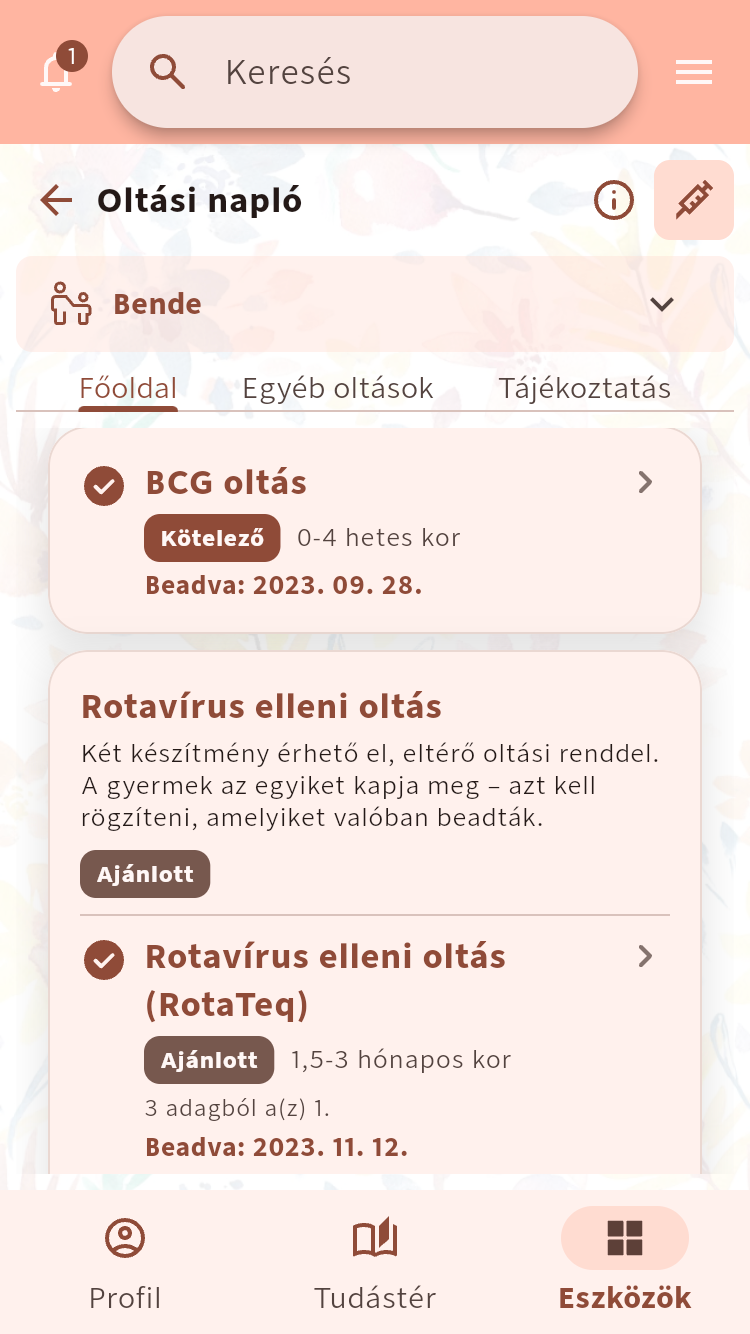 Oltási napló a magyar oltási renddel, szűrőkkel, kötelező és ajánlott oltásokkal, valamint rögzített beadási dátumokkal⁠.