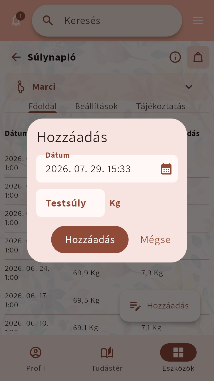 Súlynapló űrlap egy dátumozott mérés hozzáadásához⁠.